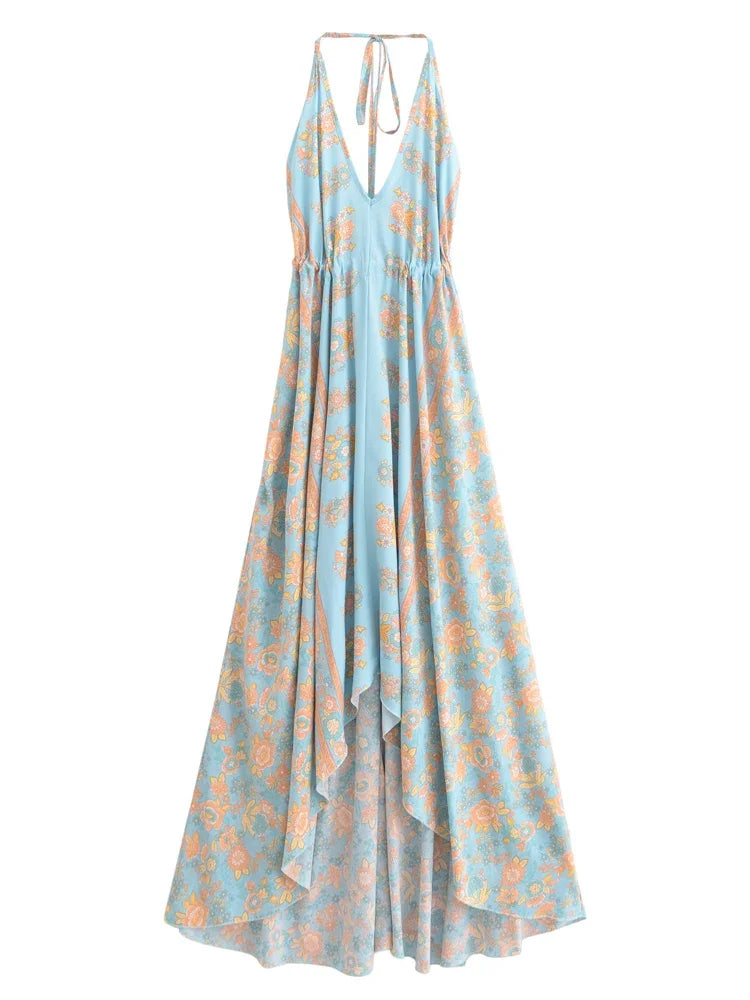 Happie Queens Women Wild Floral Open Back Sexy High-Low Beach Bohemian Dress Lady Tassel Strapless Vacation Summer Boho Dress