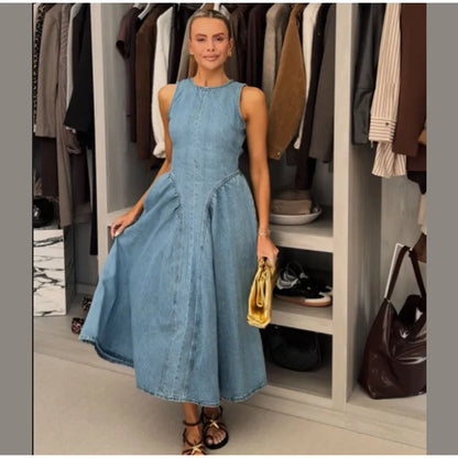 Fashion Solid Long Denim Vestidos Women Sleeveless OffShoulder Lace Up Backless Square Neck Jeans Dresses 2025 Chic Street Wear