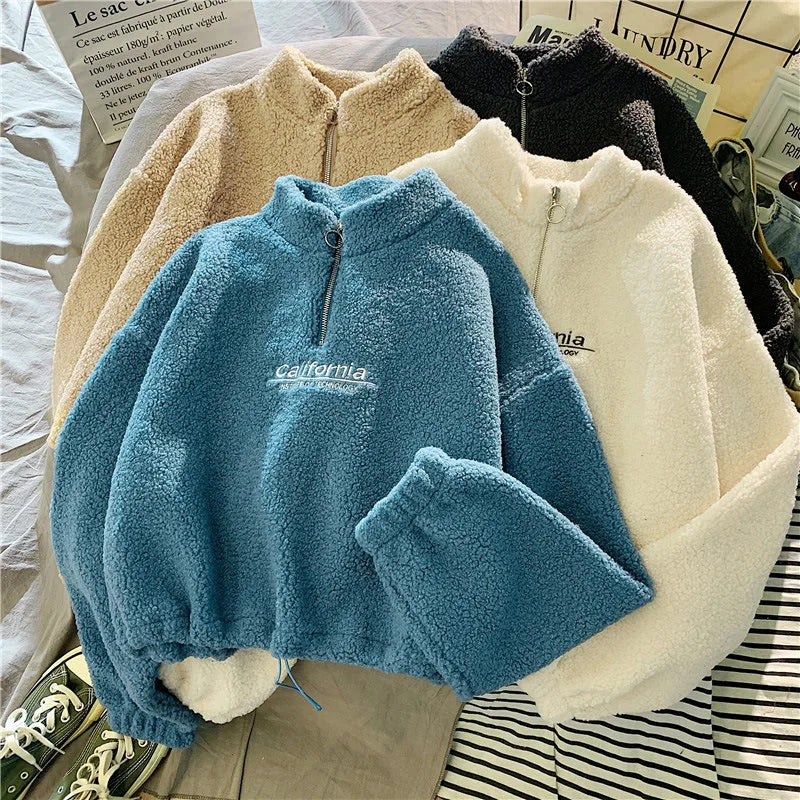 Shop Women's Fleece Cropped Hoodie - Embroidered Stand Neck Sweatshirt