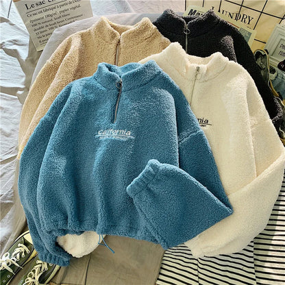 Shop Women's Fleece Cropped Hoodie - Embroidered Stand Neck Sweatshirt