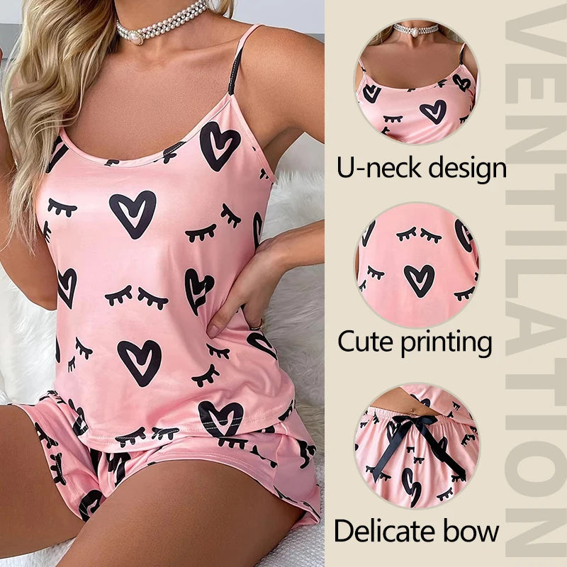 Shop Women’s Pink Love Print Pajama Set - Breathable Short-Sleeve & Shorts