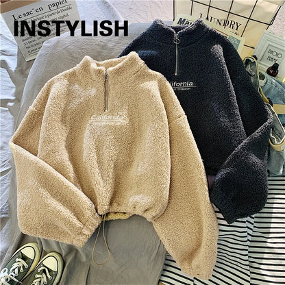Shop Women's Fleece Cropped Hoodie - Embroidered Stand Neck Sweatshirt