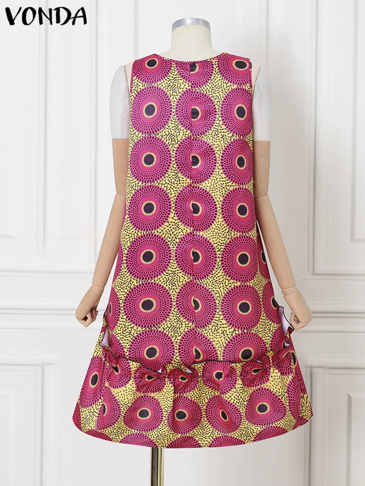 VONDA Bohemian Dress Women Printed Sleeveless Summer Sundress 2025 Loose Casual Ruffled Party Vestidos Oversized Mid-Calf Robe