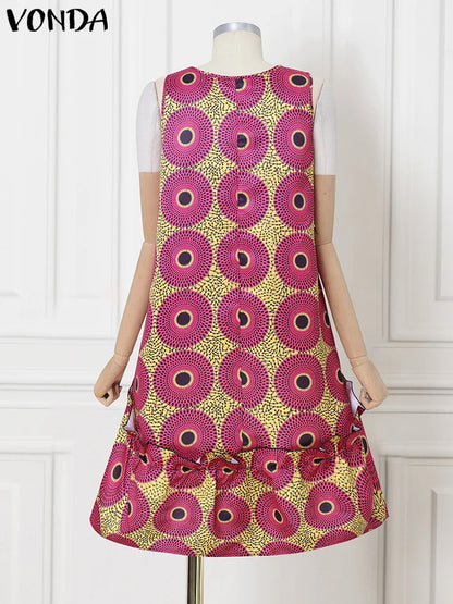 VONDA Bohemian Dress Women Printed Sleeveless Summer Sundress 2025 Loose Casual Ruffled Party Vestidos Oversized Mid-Calf Robe