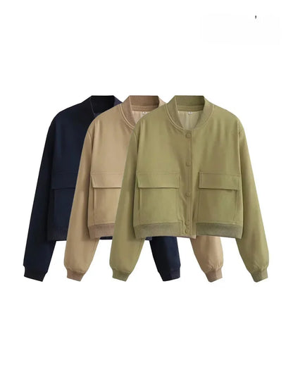 Shop Women's Pocket Bomber Jacket - Vintage Long Sleeve Casual Outerwear