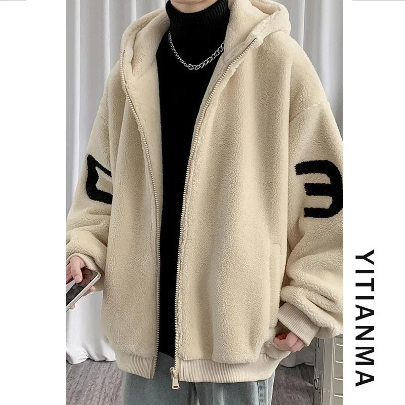 Trendy Thickened Cotton Coat For Men Winter Lamb Wool Jacket Hooded Loose Fit Fleece Lined Hooded Parkas Casual Outwear