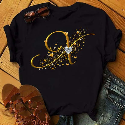 Custom Name Letter Combination Fashion Women T-shirt Diamond Gold Letter Font A B C D E F G Short Sleeve Tops Black T-shirt