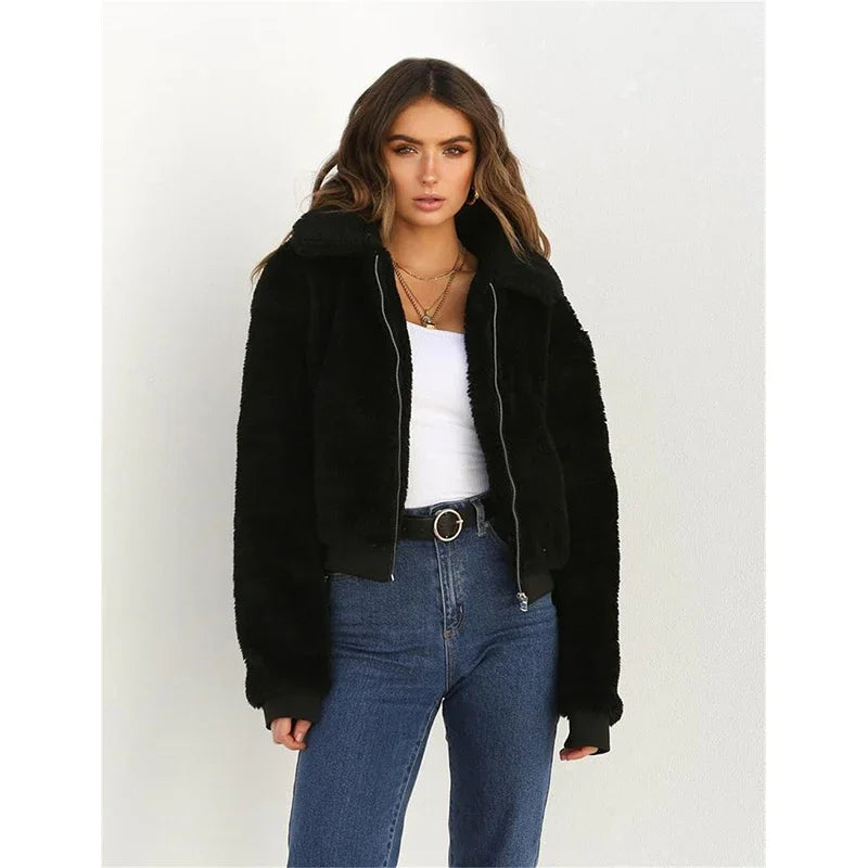 Shop Women's Teddy Fleece Hoodie - Casual Zipper Lapel Coat