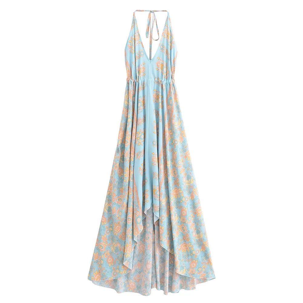 Happie Queens Women Wild Floral Open Back Sexy High-Low Beach Bohemian Dress Lady Tassel Strapless Vacation Summer Boho Dress