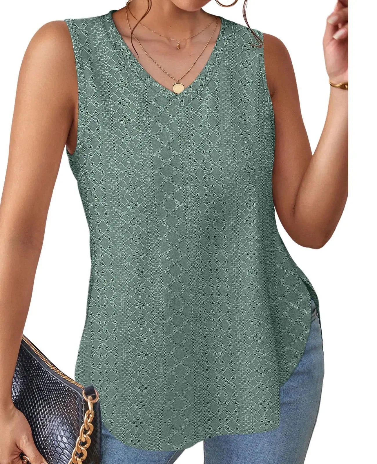 Spring Summer New Pure Color V-neck Slit T-shirt Vest Women Cross-Border Independent Station Sleeveless Polyester Fiber