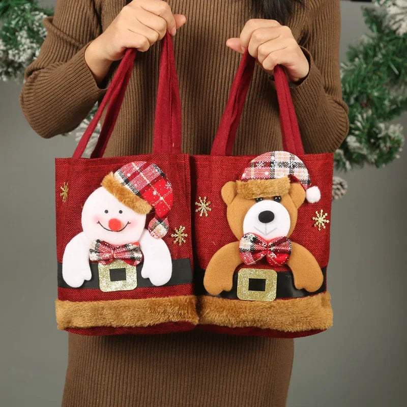 Shop Festive Cartoon Linen Gift Bags - Santa, Deer & Snowman Designs