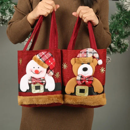 Shop Festive Cartoon Linen Gift Bags - Santa, Deer & Snowman Designs