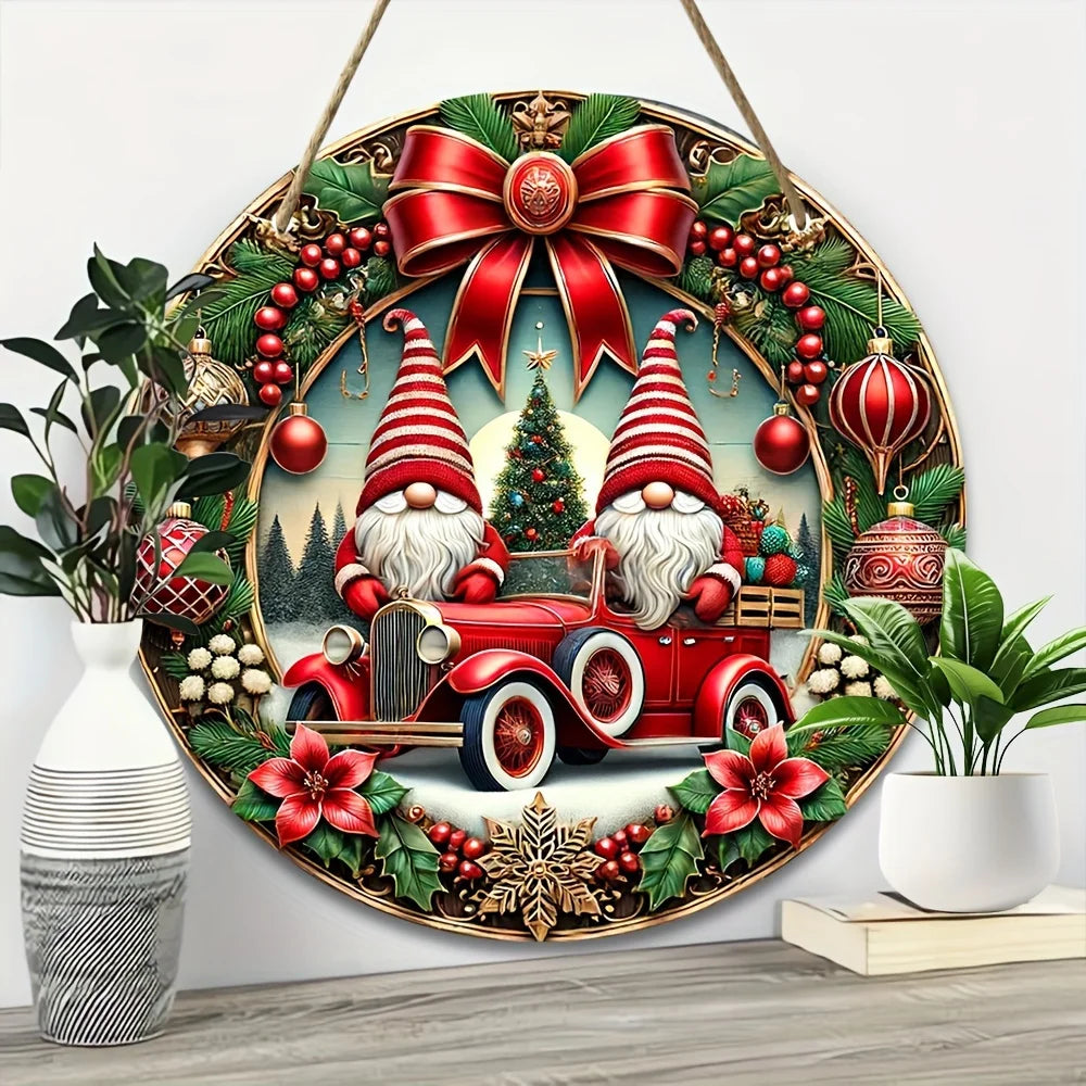 1pc, Christmas Gift Pickup Truck Dwarf Christmas Tree 7.87 Inches Round Wooden Ornament, Home Office Door Front Porch Bar Decor