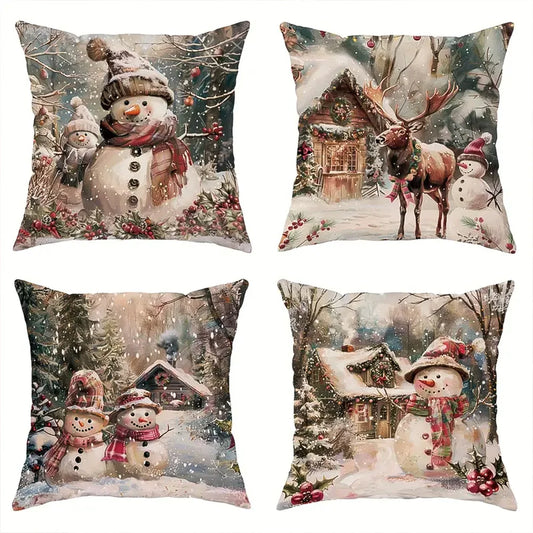 Christmas Snowman Pillow Cover Vintage Snowflake Background Decoration Christmas Indoor Home Party Decorations Supplies