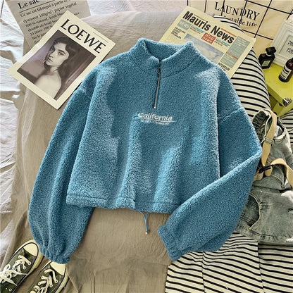 Shop Women's Fleece Cropped Hoodie - Embroidered Stand Neck Sweatshirt