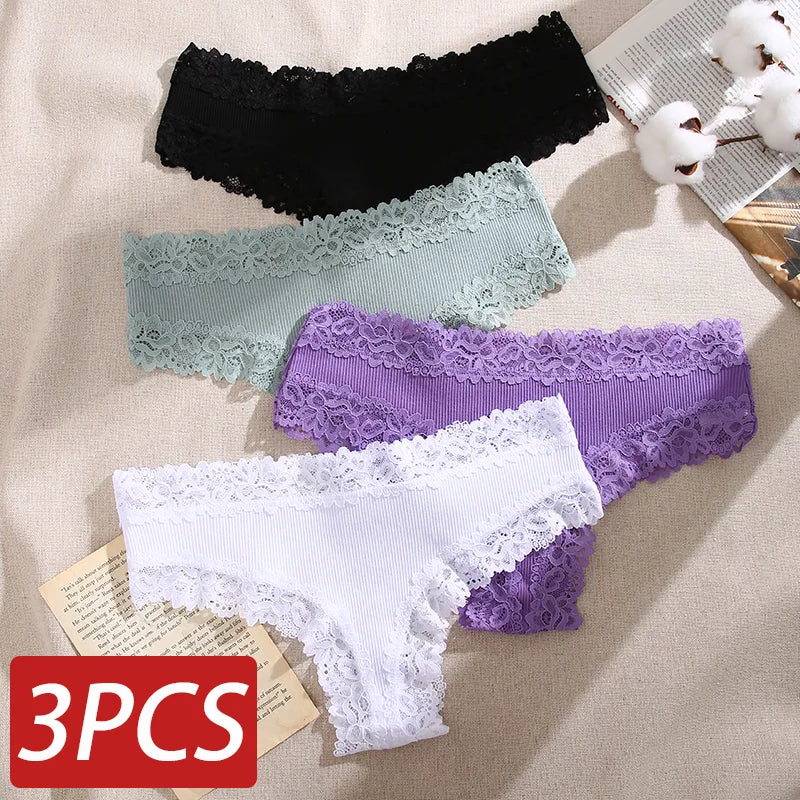 Shop 3PCS Lace Seamless Cotton Ribbed Low Waist Brazilian Panties - Breathable Plus Size Lingerie