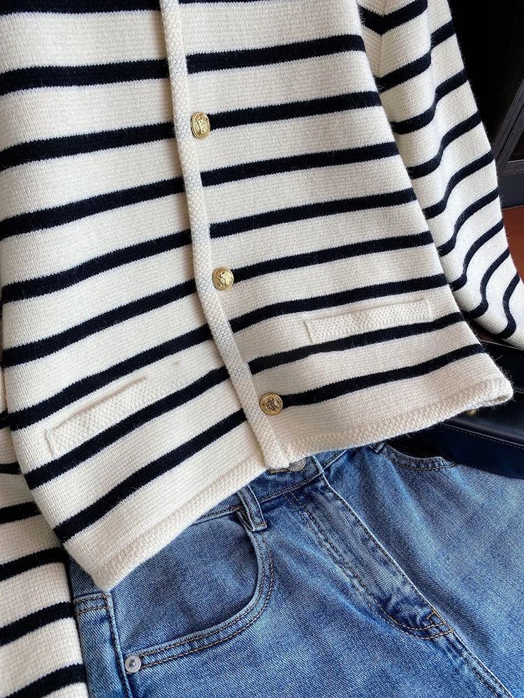 Shop Trendy O-neck Striped Knit Cardigan - Women's Casual Long Sleeve Top