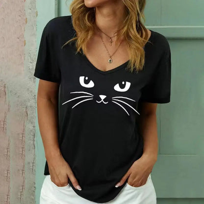 Fashion Woman Blouses 2022 T-shirt Women's 3d Cats Print Black Kawaii V-neck T Shirt Female Clothing Oversized Summer Tops Tees