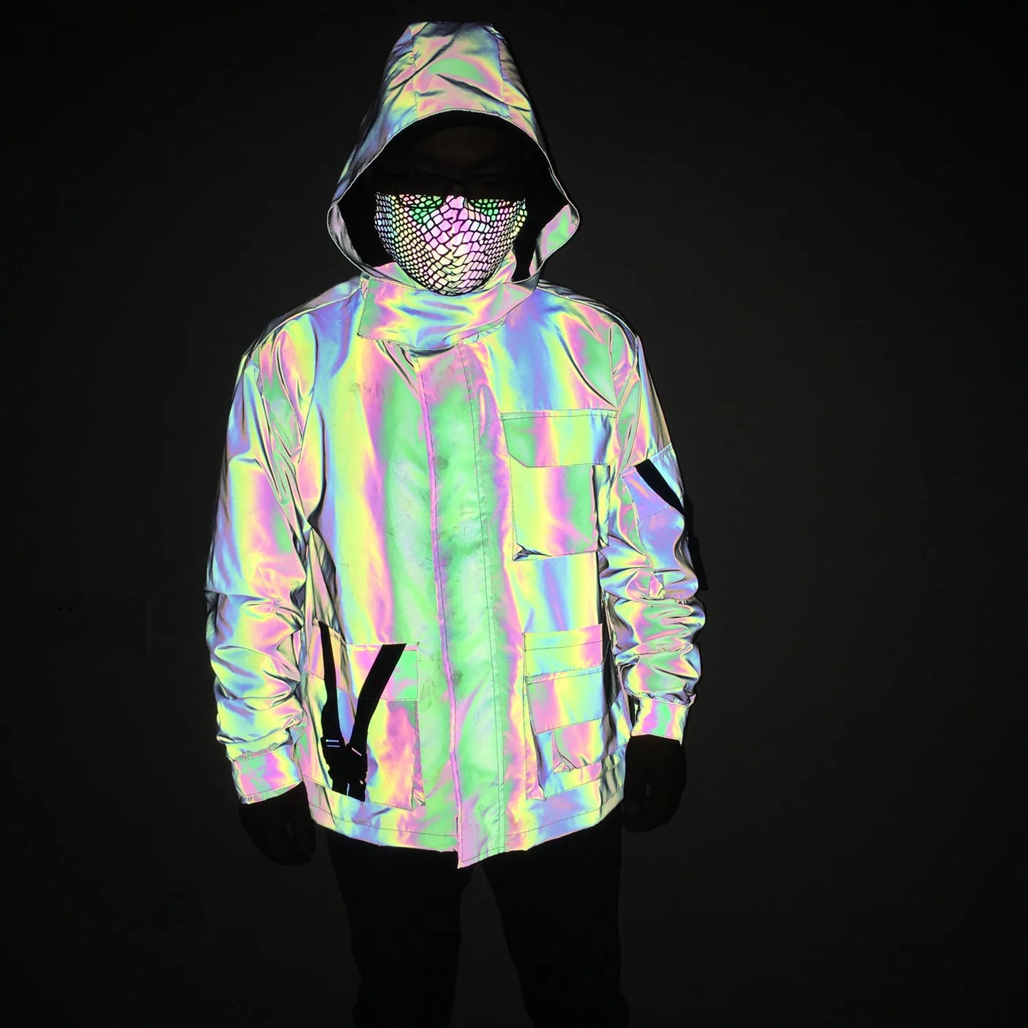 2023 Techwear Hip Hop Colorful Reflective Jacket Mens Ribbons Patchwork Reflect Light In Darkness Hooded Coat Bomber Jacket