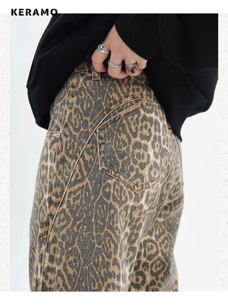 Vintage Leopard Print Jeans Women Spring Oversize Casual Hip Pop Wide Leg Trouser Trend High Waist Panther Denim Pants Ladies