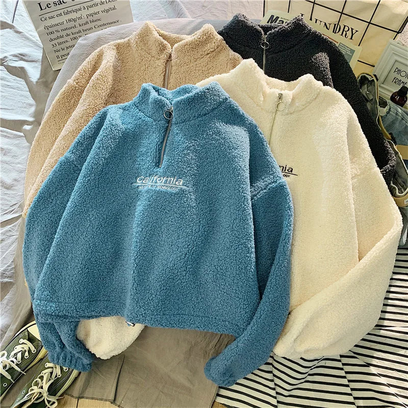 Shop Women's Fleece Cropped Hoodie - Embroidered Stand Neck Sweatshirt