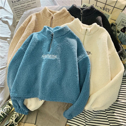 Shop Women's Fleece Cropped Hoodie - Embroidered Stand Neck Sweatshirt