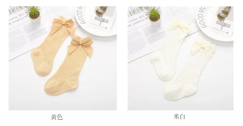 Summer Mesh Baby Girls Socks Cute Big Bows Soft Cotton Elastic White Red Newborn Stockings Knee High Long for Toddler Socks
