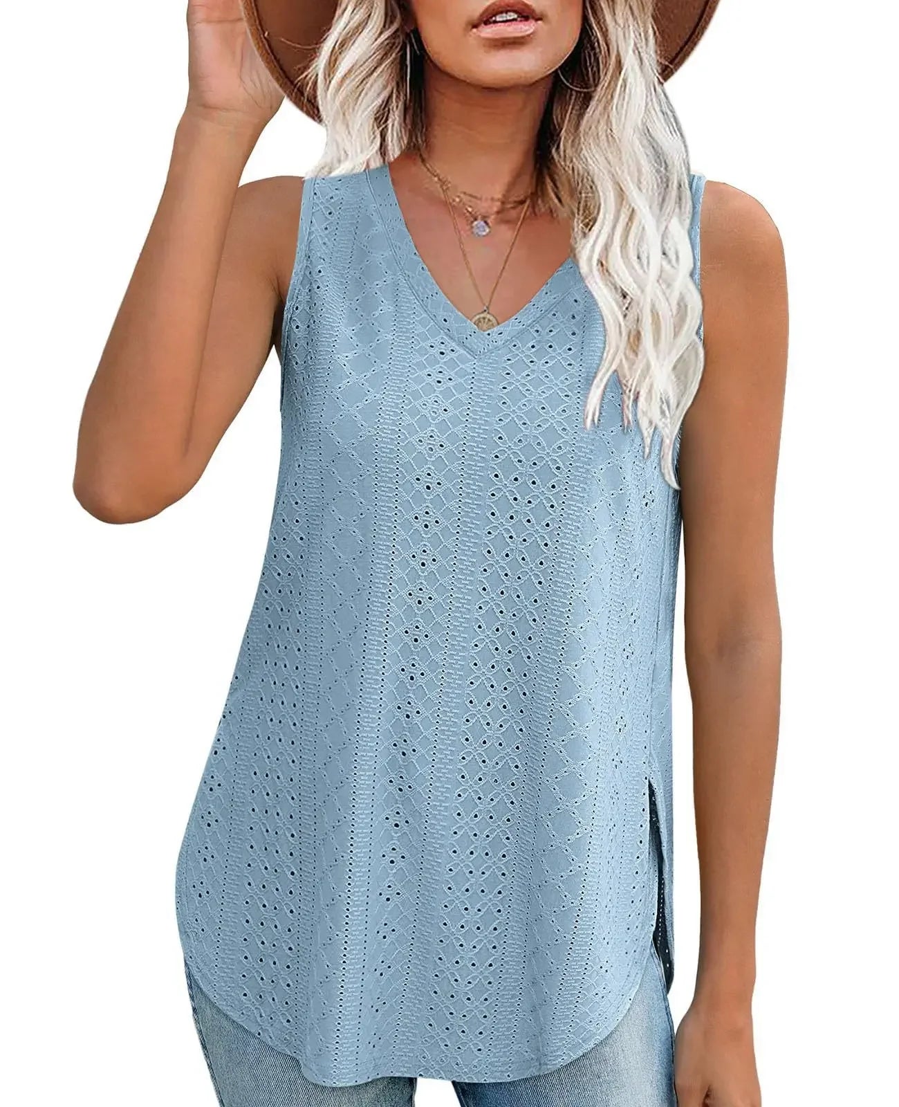 Spring Summer New Pure Color V-neck Slit T-shirt Vest Women Cross-Border Independent Station Sleeveless Polyester Fiber