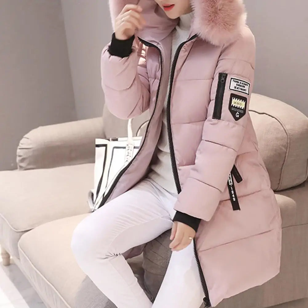 Warm Winter Coat Windproof Hooded Winter Cotton Coat with Zipper Pockets for Women Thickened Padded Mid Length Down Coat Warm