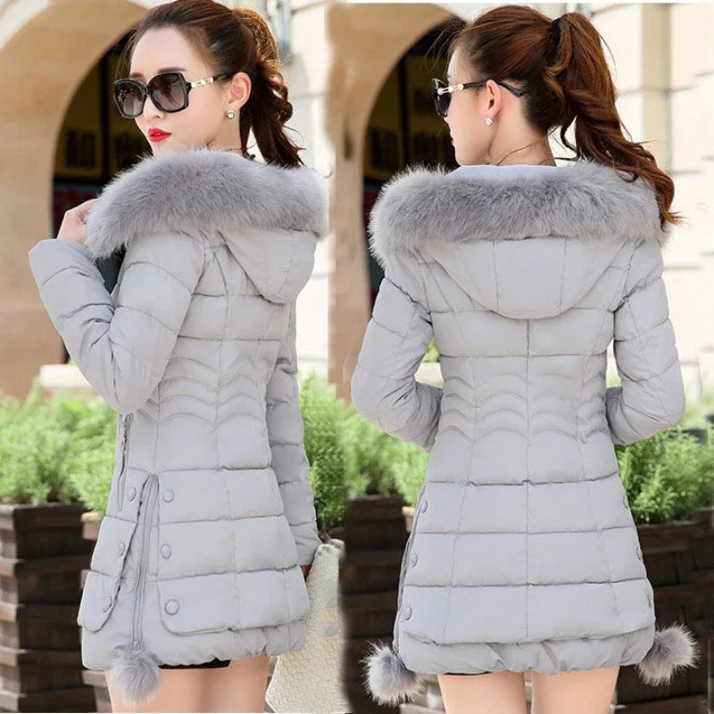 2023 Winter Women Jacket Parka Big Fur Collar Hooded Thick Warm Female Coat Casual Outwear European Fashion Black Female Tops