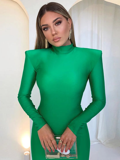 Hugcitar Solid Long Sleeve With Shoulder Pads Turtleneck Maxi Dress New Year Women Fashion Streetwear Elegant Skinny