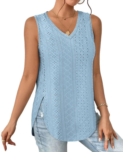 Spring Summer New Pure Color V-neck Slit T-shirt Vest Women Cross-Border Independent Station Sleeveless Polyester Fiber