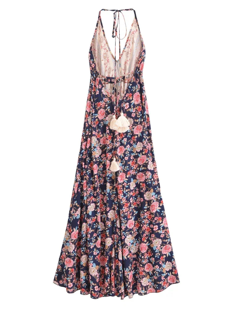Happie Queens Women Wild Floral Open Back Sexy High-Low Beach Bohemian Dress Lady Tassel Strapless Vacation Summer Boho Dress