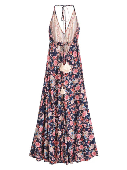 Happie Queens Women Wild Floral Open Back Sexy High-Low Beach Bohemian Dress Lady Tassel Strapless Vacation Summer Boho Dress