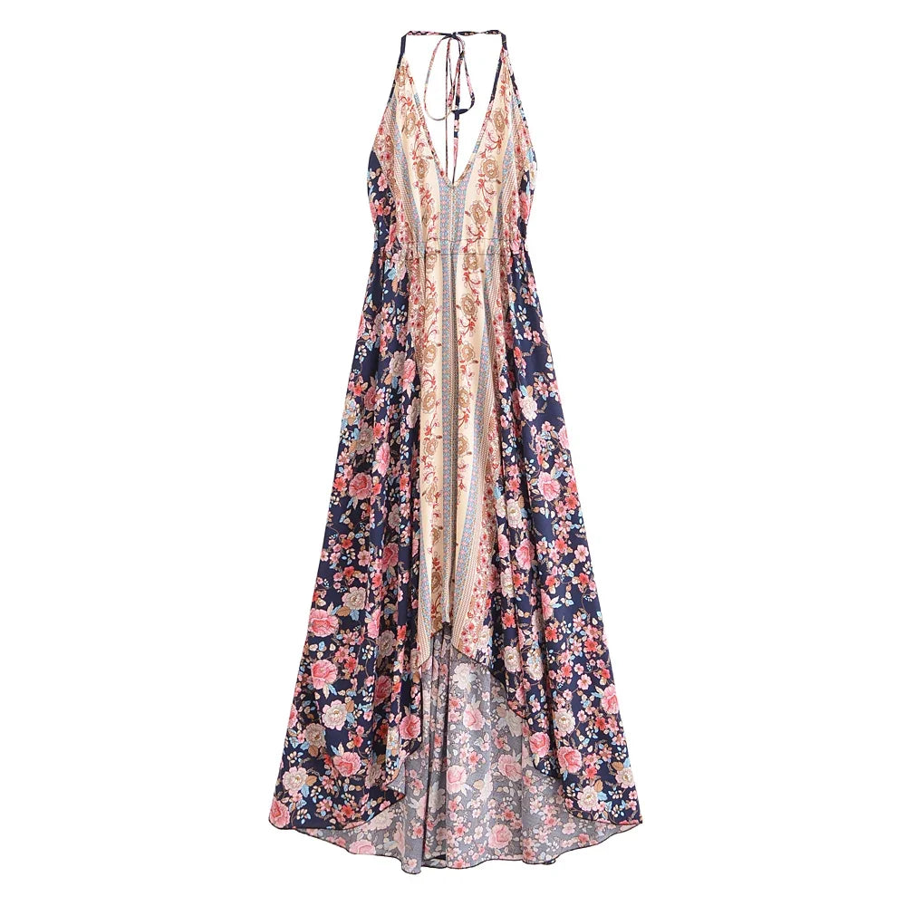 Happie Queens Women Wild Floral Open Back Sexy High-Low Beach Bohemian Dress Lady Tassel Strapless Vacation Summer Boho Dress