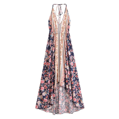 Happie Queens Women Wild Floral Open Back Sexy High-Low Beach Bohemian Dress Lady Tassel Strapless Vacation Summer Boho Dress