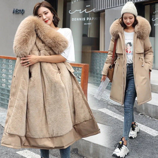 Women Parka Winter Jacket Clothes Long Coat Thick Wool Liner Hooded Jacket Fur Collar Thick Warm Snow Wear Fashion Padded Coat