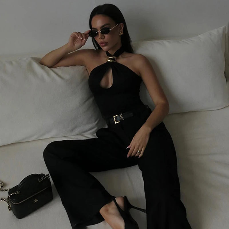 TARUXY Sexy Hollow Metal Ring Crop Top Women Halter Tanks Black Off Shoulder Short Vest Female Summer Slim Backless Streetwear