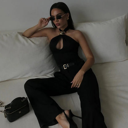 TARUXY Sexy Hollow Metal Ring Crop Top Women Halter Tanks Black Off Shoulder Short Vest Female Summer Slim Backless Streetwear
