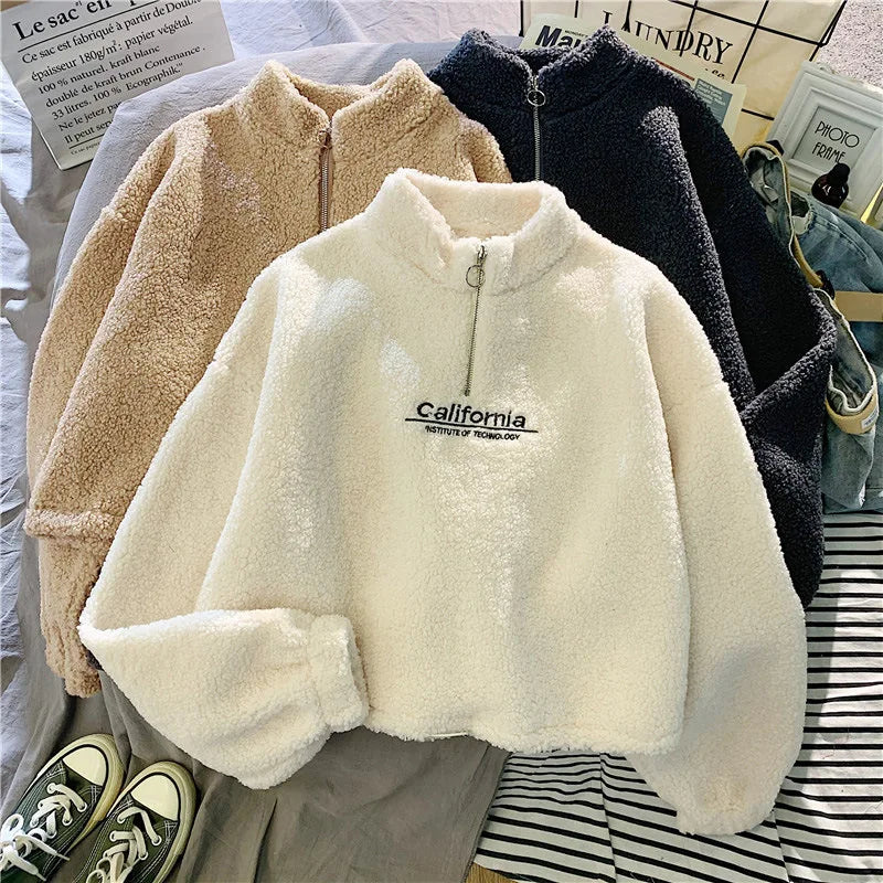 Shop Women's Fleece Cropped Hoodie - Embroidered Stand Neck Sweatshirt