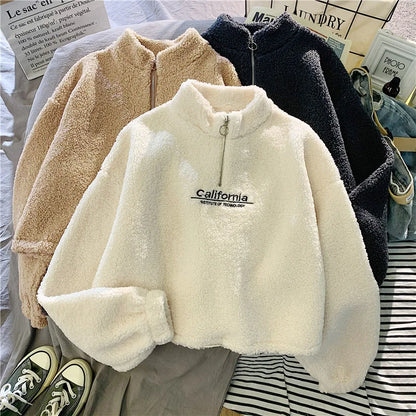 Shop Women's Fleece Cropped Hoodie - Embroidered Stand Neck Sweatshirt