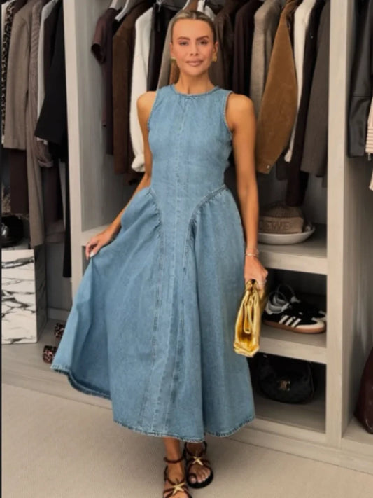 Fashion Solid Long Denim Vestidos Women Sleeveless OffShoulder Lace Up Backless Square Neck Jeans Dresses 2025 Chic Street Wear