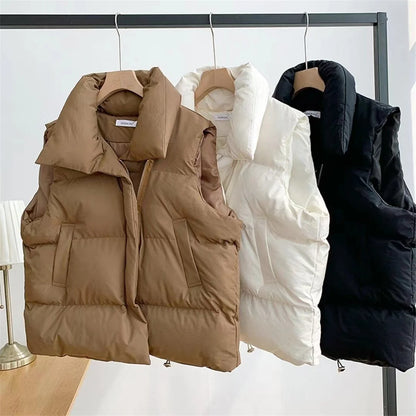 Women Fashion Autumn New 2024 Stand Collar Elegant Down Coats Warm Outerwear Casual Belt Sleeveless Winter Women Vests Jackets