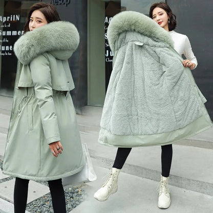 Women Parka Winter Jacket Clothes Long Coat Thick Wool Liner Hooded Jacket Fur Collar Thick Warm Snow Wear Fashion Padded Coat