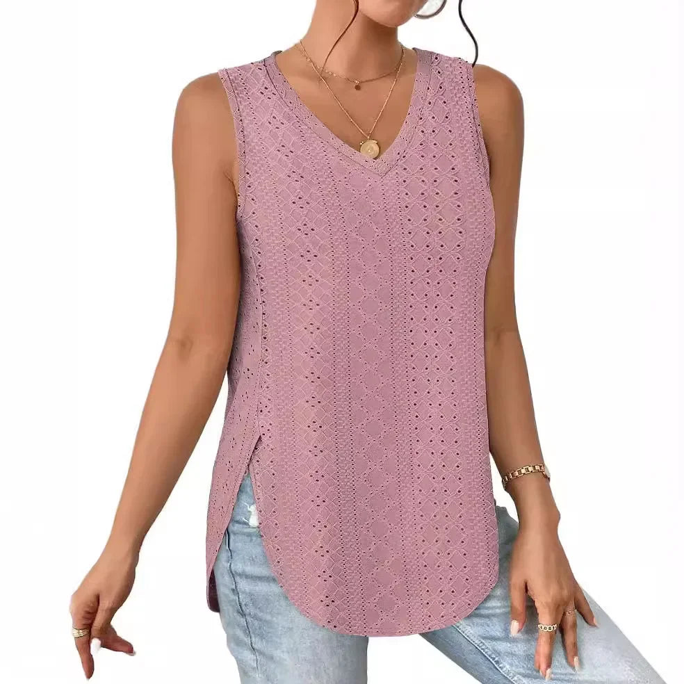 Spring Summer New Pure Color V-neck Slit T-shirt Vest Women Cross-Border Independent Station Sleeveless Polyester Fiber