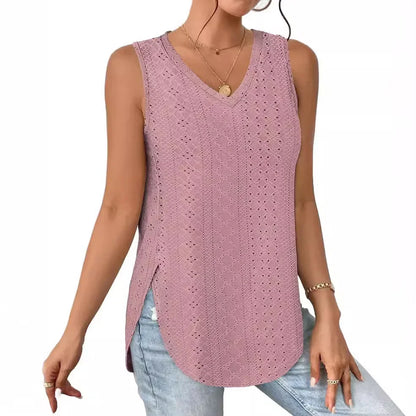 Spring Summer New Pure Color V-neck Slit T-shirt Vest Women Cross-Border Independent Station Sleeveless Polyester Fiber