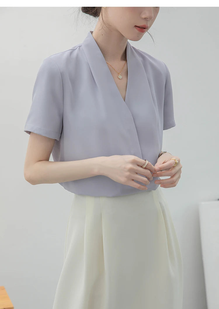 2025 Fashion Summer Short Sleeve V-Neck Women Blouse White Blouse Shirt Women Tops Blouses Shirts Blusas Para Mujer Camisas XL86