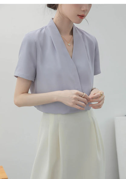 2025 Fashion Summer Short Sleeve V-Neck Women Blouse White Blouse Shirt Women Tops Blouses Shirts Blusas Para Mujer Camisas XL86