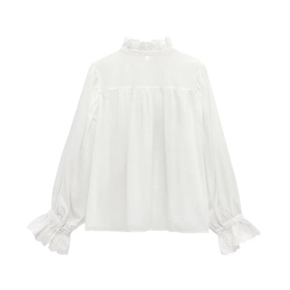 TRAF 2025 Woman Fashion Casual Breathable Hollowed Out Embroidered Top Slim Single Breasted Shirts Spring