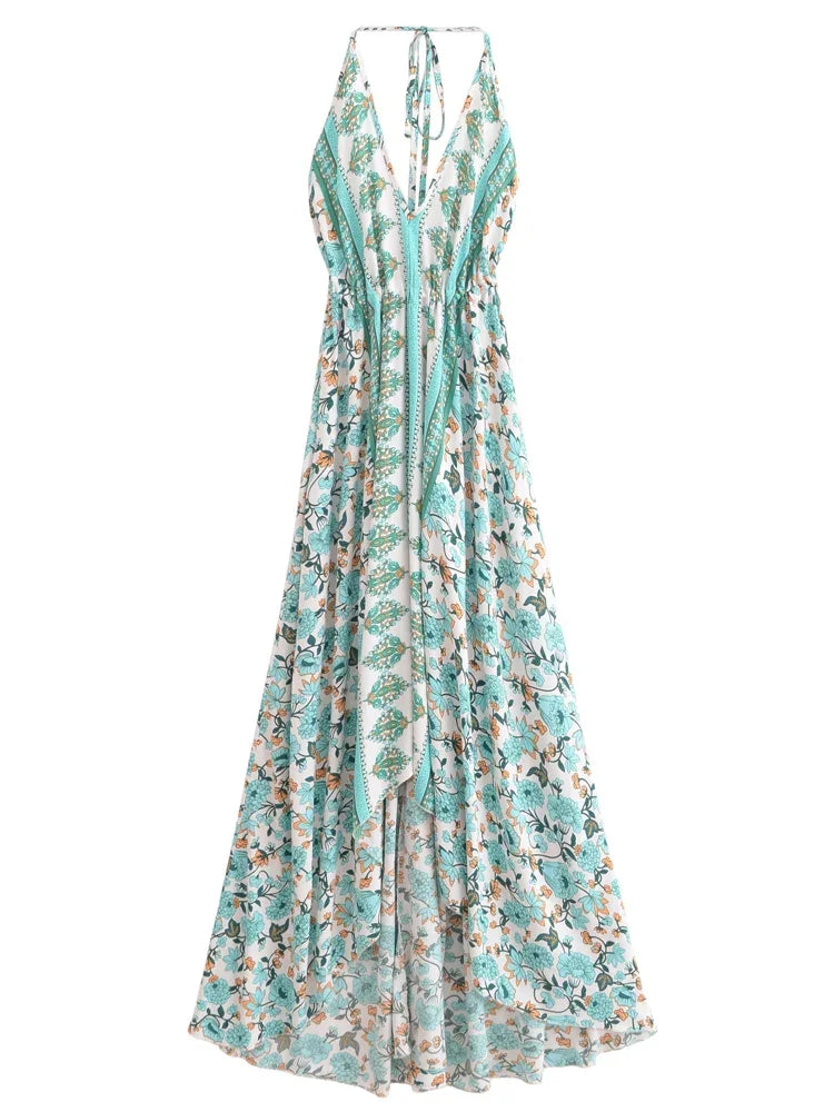 Happie Queens Women Wild Floral Open Back Sexy High-Low Beach Bohemian Dress Lady Tassel Strapless Vacation Summer Boho Dress